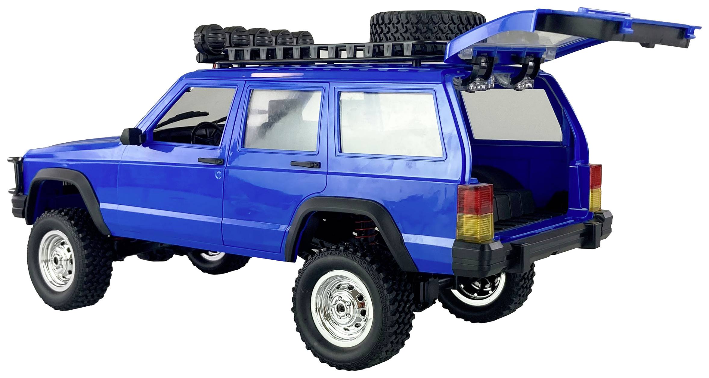 A blue off-road vehicle with an open boot, set against a white background. A spare tyre and roof rack are mounted on the roof.