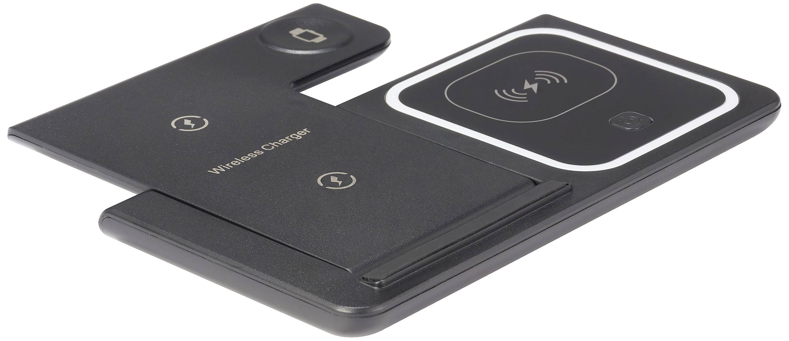 Top-down view of a wireless charger with multiple charging surfaces, designed for simultaneous charging of multiple devices.