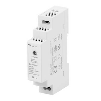 Electronic device in DIN rail format. Labelled with input and output data: Input 110-240V, Output 24V, 0.63A, 15W.