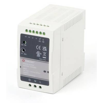 A white power supply with multiple green ports and a grey label displaying technical specifications and certification marks.