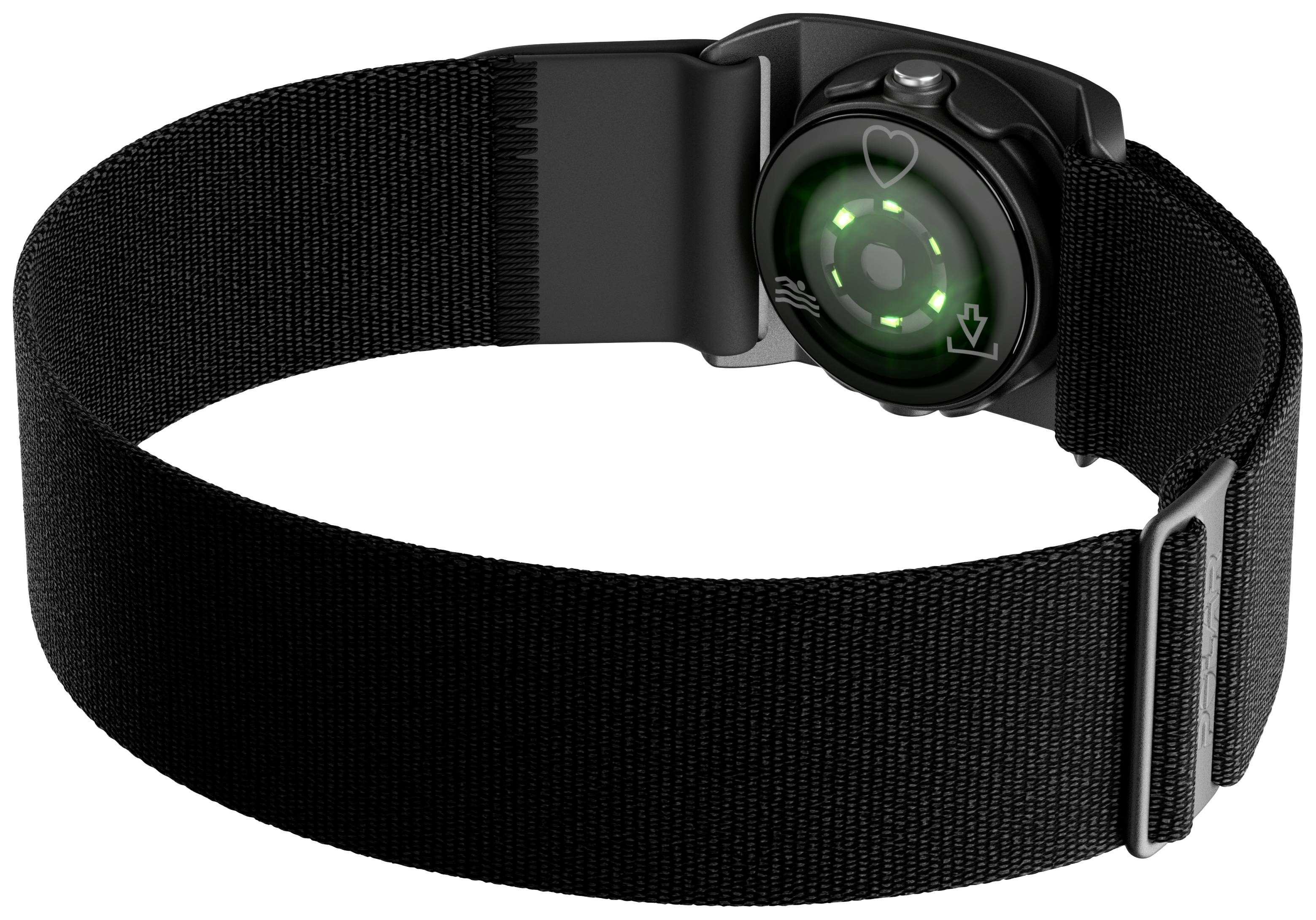 Black smartwatch strap with green LED sensors on the back, designed for heart rate monitoring.