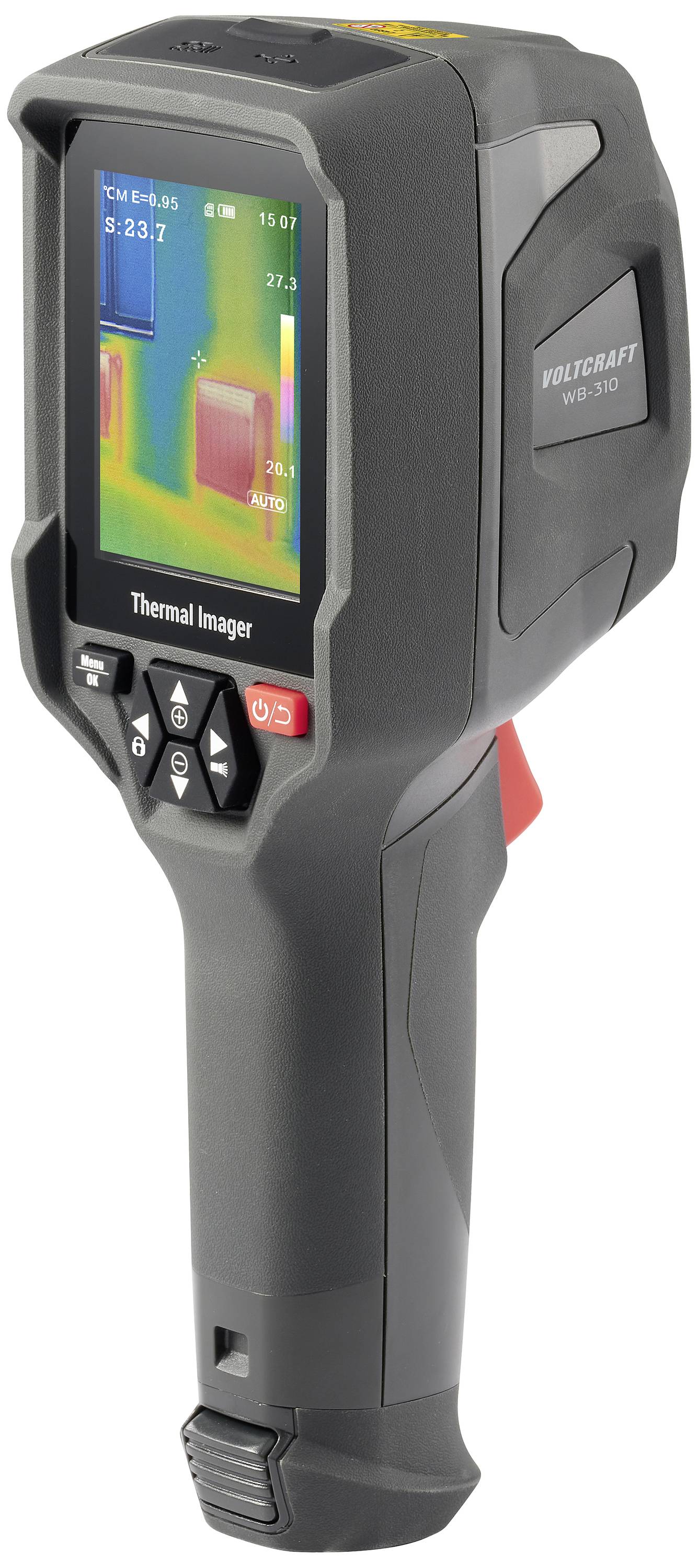 A portable thermal imaging device with a display showing temperature measurements. User-friendly buttons on the front.