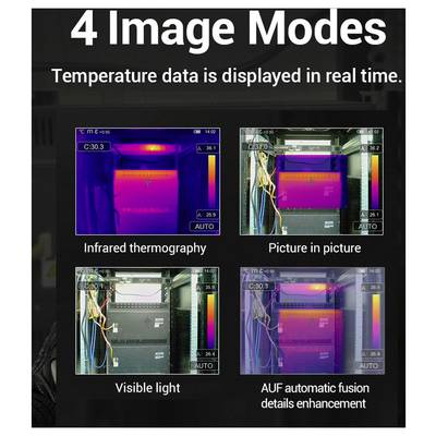 Poster showing '4 Image Modes' with real-time temperature data and four thermal camera views: infrared thermography, picture in picture, visible light, and AUF automatic fusion details enhancement.