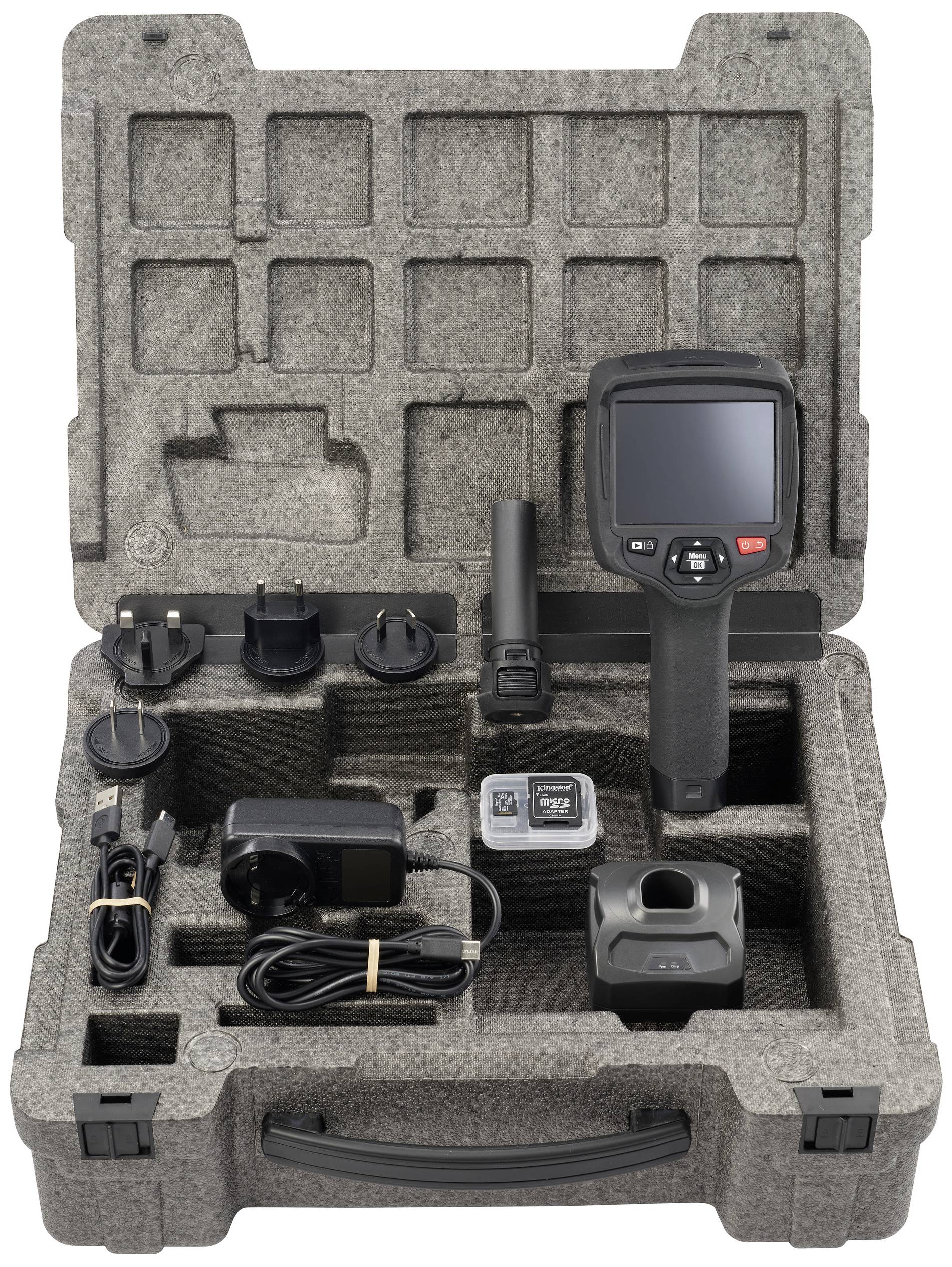A case contains a thermal imaging camera with accessories: charger, adapter, batteries, and cables. Ready for technical inspections.