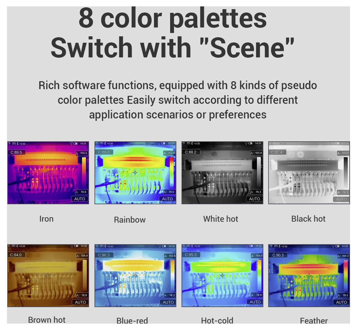Thermal camera display showing 8 color palettes with 'Scene' switch: Iron, Rainbow, White hot, Black hot, Brown hot, Blue-red, Hot-cold, and Feather.<br>