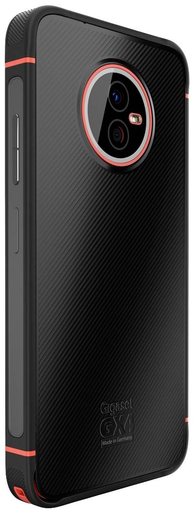 Black smartphone case with red accents, showing the rear side with a camera aperture and a textured design.