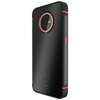 Smartphone with a black, carbon fibre-like case and red accents. Back view shows camera opening. Brand logo visible.