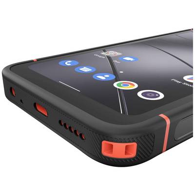 Close-up of a smartphone with a rugged case. The screen displays common app icons. The case is black with orange details.