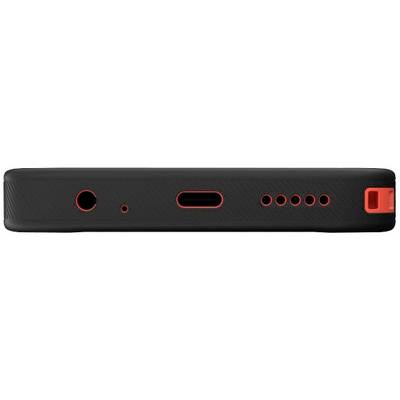 Black and red housing with various ports: headphone jack, USB-C port, and speaker grille.
