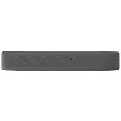 Black, rectangular device with a textured pattern and a small opening in the centre.