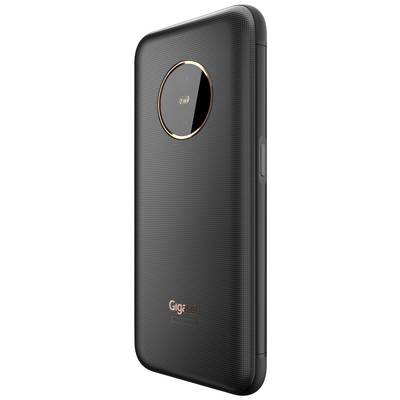 The image shows the back of a black smartphone with a circular camera and the inscription 'Gigaset'.