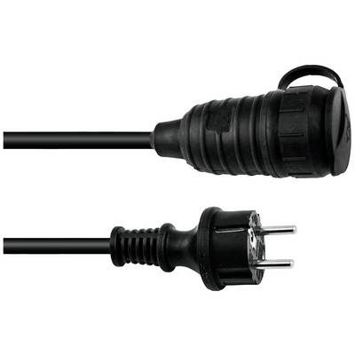 Black network cable with two plugs; at the top a Schuko plug with cover, at the bottom a standard Schuko plug; against a white background.