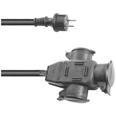 'Black, three-way extension lead with earthed plug.'