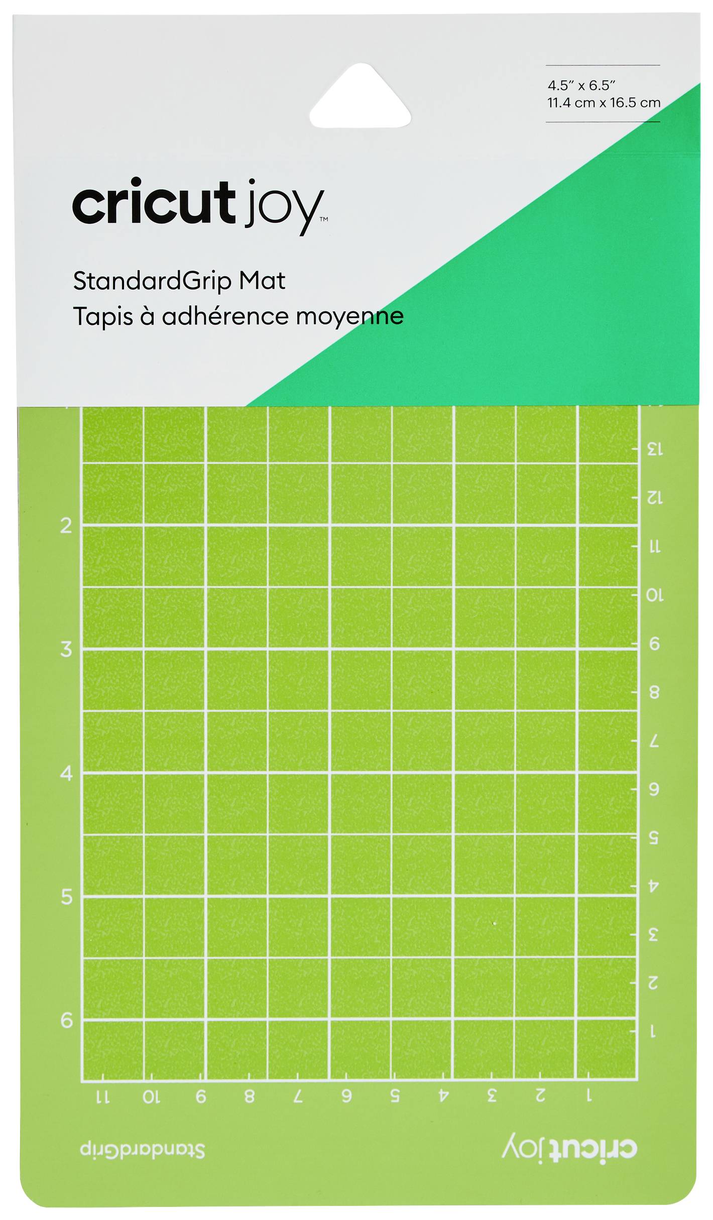 'Cricut Joy StandardGrip Mat' in green with a white grid and measurement markings (4.5" x 6.5" or 11.4 cm x 16.5 cm) in the top right corner.