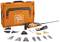 A multi-functional tool set with various attachments lies in front of an orange toolbox.