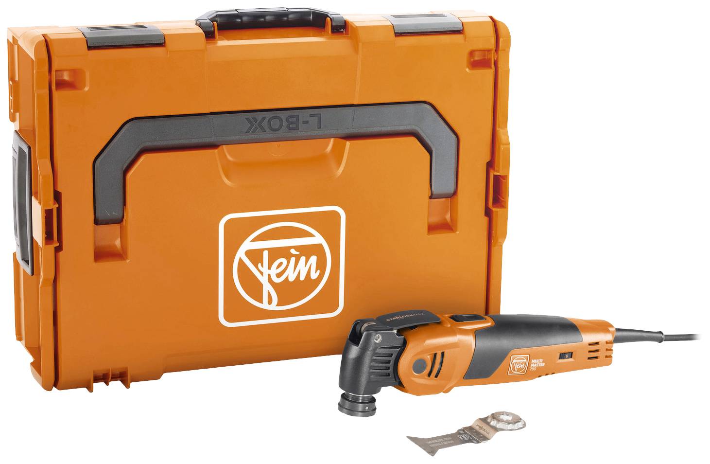 Orange electric power tool with a case by the brand Fein. Includes an attachment for various applications.