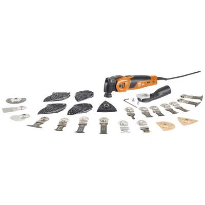Multifunctional power tool with various attachments: Sanding sheets, circular saw blades, scrapers and other accessories laid out on a white background.
