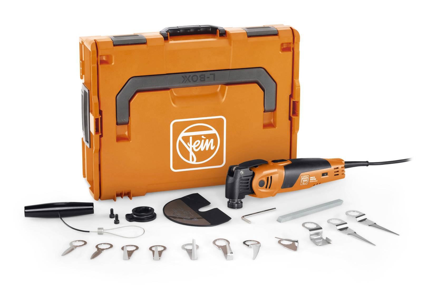 A multi-tool set with an orange case and accessories including blades and fastenings, suitable for versatile applications.