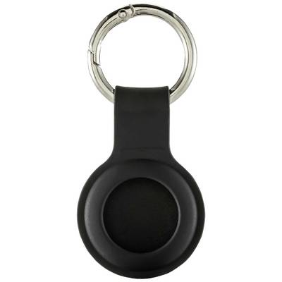 Black keyring with a round design and silver ring. Perfect for attaching keys or small items.