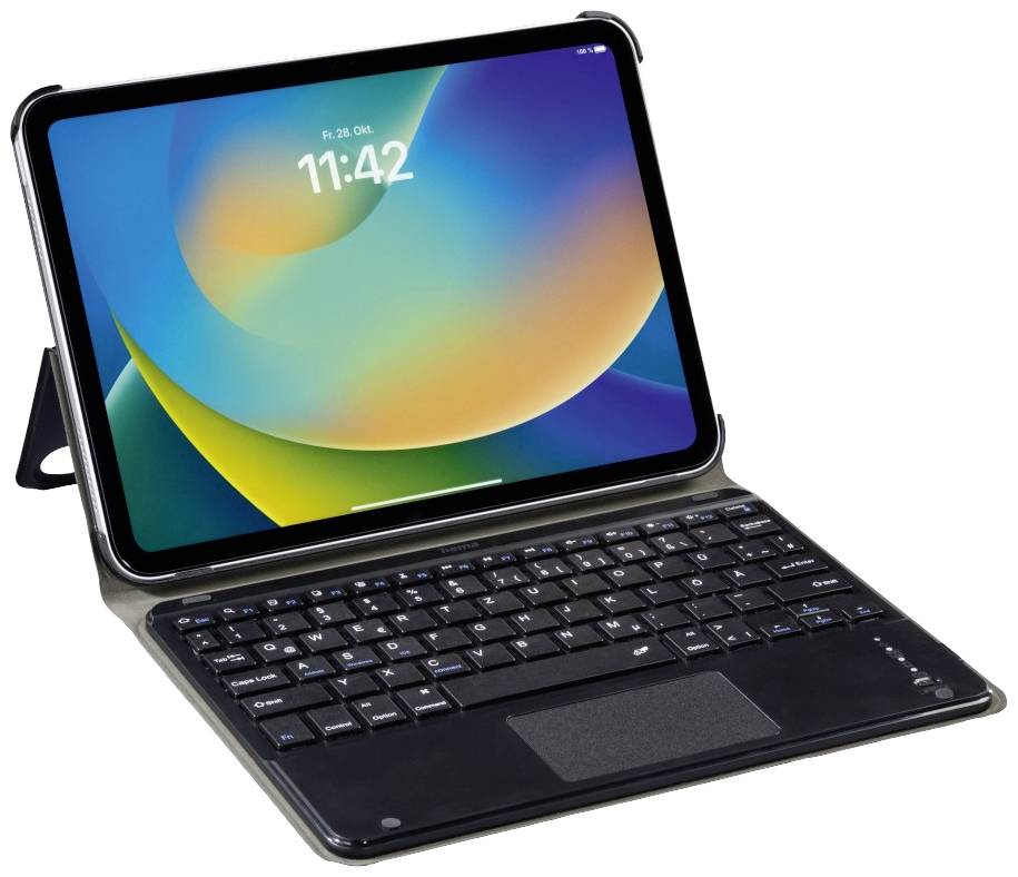 A tablet with a keyboard displays a colourful screen background and the time '11:42'.