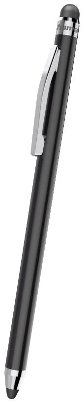 A black pen with silver accents and a clip, suitable for writing on paper and touchscreens.