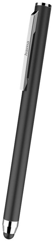 A black ballpoint pen with a silver clip and tip, shown at an angle from the side.