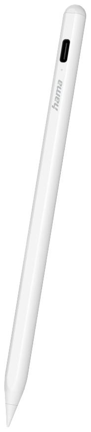 A white digital stylus with a sleek design and a black button on the side, suitable for tablets and smartphones.
