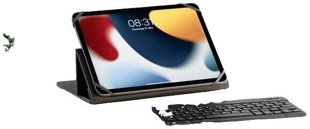 A tablet in a black case with a coloured screen, time showing 08:31, with a detachable keyboard, on a white background.