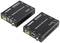 Two black HDMI extender devices, labelled as "transmitter" and "receiver", are used to transmit HDMI signals over longer distances.
