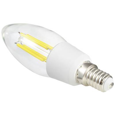 A LED candle bulb with visible yellow filaments and an E14 bayonet cap.