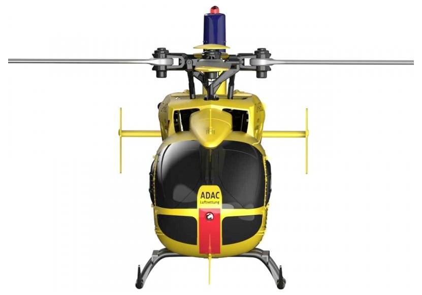 A yellow helicopter with 'ADAC Air Rescue' written on its nose. It shows a front view and has a blue rotor hub.