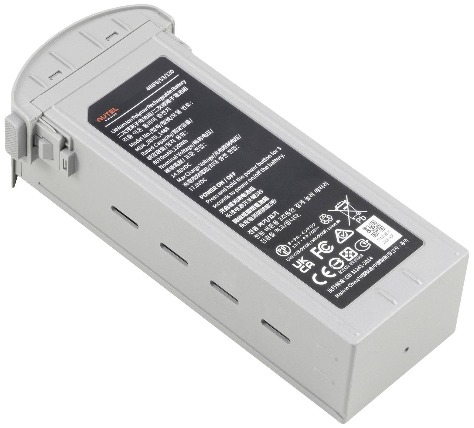 Autel 3S Lithium-Polymer Battery with 14.8V and 4900mAh Capacity. Battery displays technical details and safety information on the label.