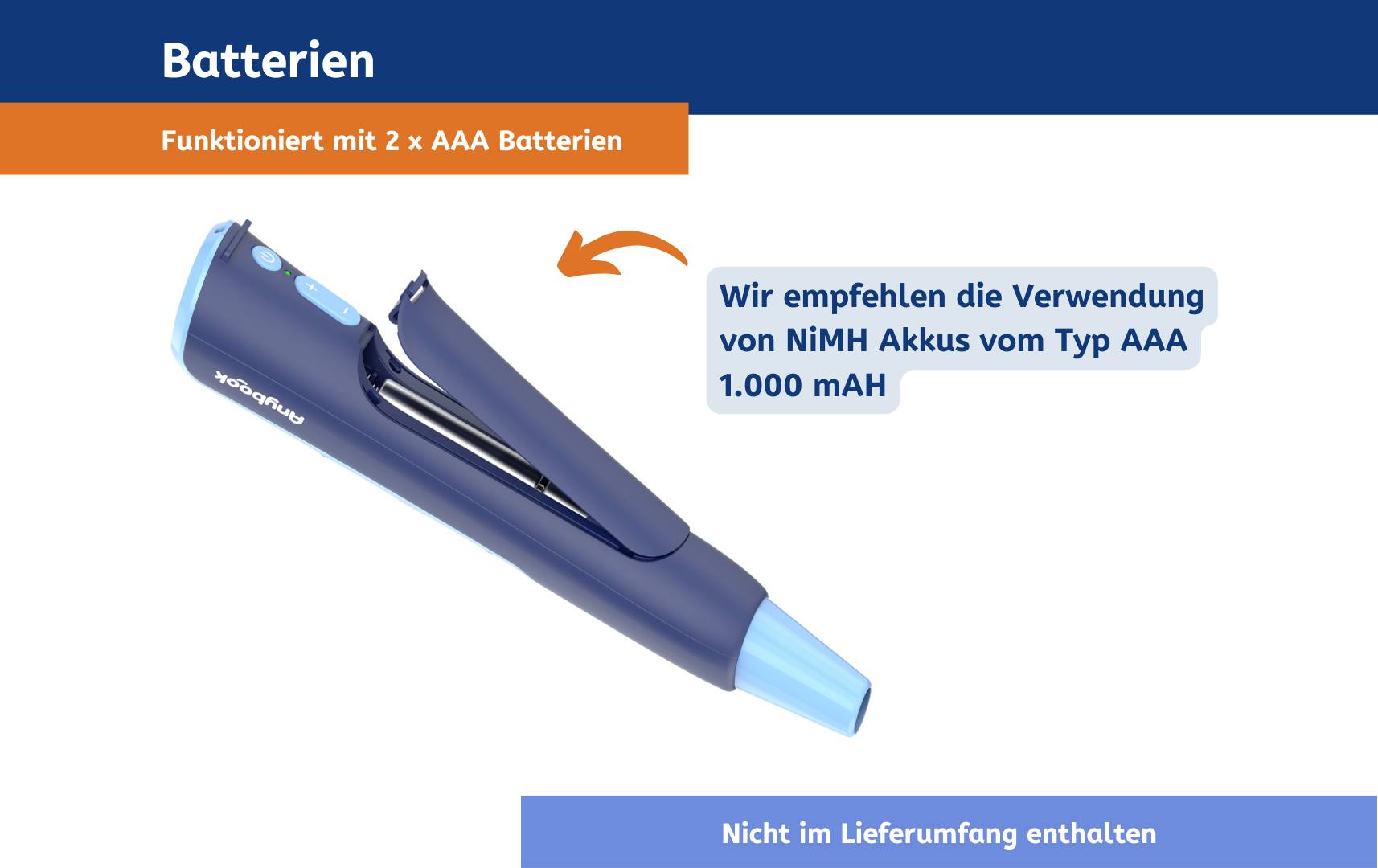 Blue battery-powered pen that uses 2 x AAA batteries. Recommendation for AAA NiMH rechargeable batteries at 1,000 mAh. Batteries not included.