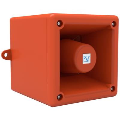 Orange signal indicator in a square housing, mounted laterally, with a blue wavy line as a logo on the front.