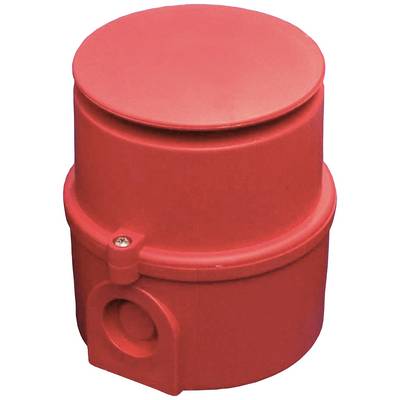 Red, cylindrical cup with lid. The cup has a side opening and a screw for fastening.