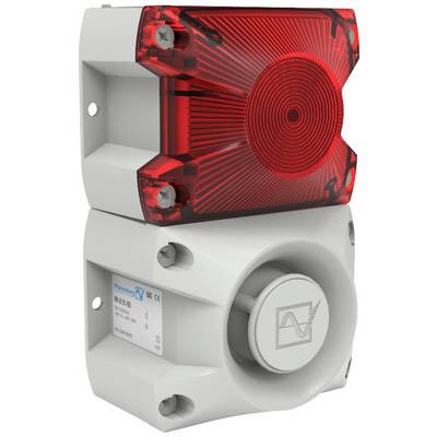 Alarm device with red LED light and speaker. Includes a product label with technical details. Housing in a neutral colour.