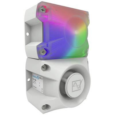 Combination of acoustic signalling device and light, with red, green and blue illumination. Used for alarm and signalling purposes.