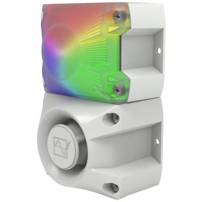 A white fire alarm with an LED indicator that illuminates in rainbow colours. The logo is visible on the front surface.