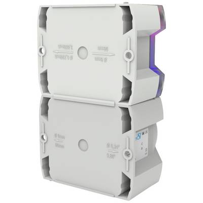 A white electric power metre shows its rear side with mounting elements. Technical details are printed on it.