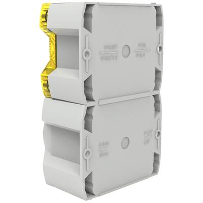 Two grey electrical installation terminals stacked vertically in profile with a yellow detail on the right.