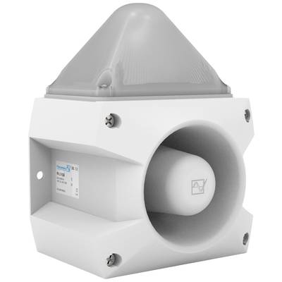 A white warning signal device with a grey dome and horn attachment, used for acoustic and visual alarms in industrial environments.