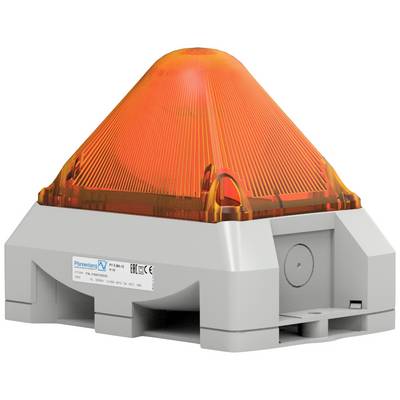 The image depicts an orange warning light mounted on a grey base. It has a pyramidal design and is commonly used for safety purposes.