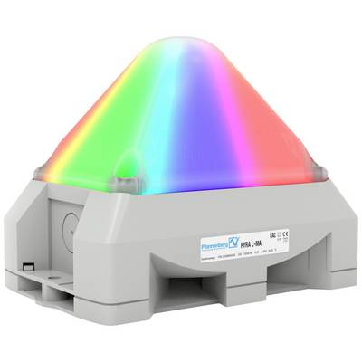 A grey enclosure with a prismatic, multi-coloured LED light on its upper surface, reveals a technological component.