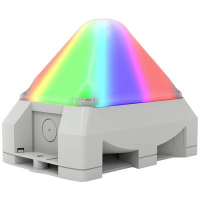 A colourful, luminous key with a pyramidal cap on a grey base, with colours transitioning from green, blue to red.