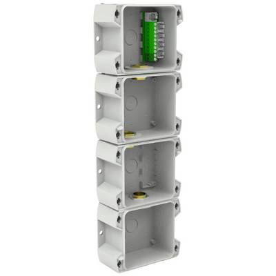 Four stacked grey junction boxes, with the topmost containing a green power strip with multiple sockets.