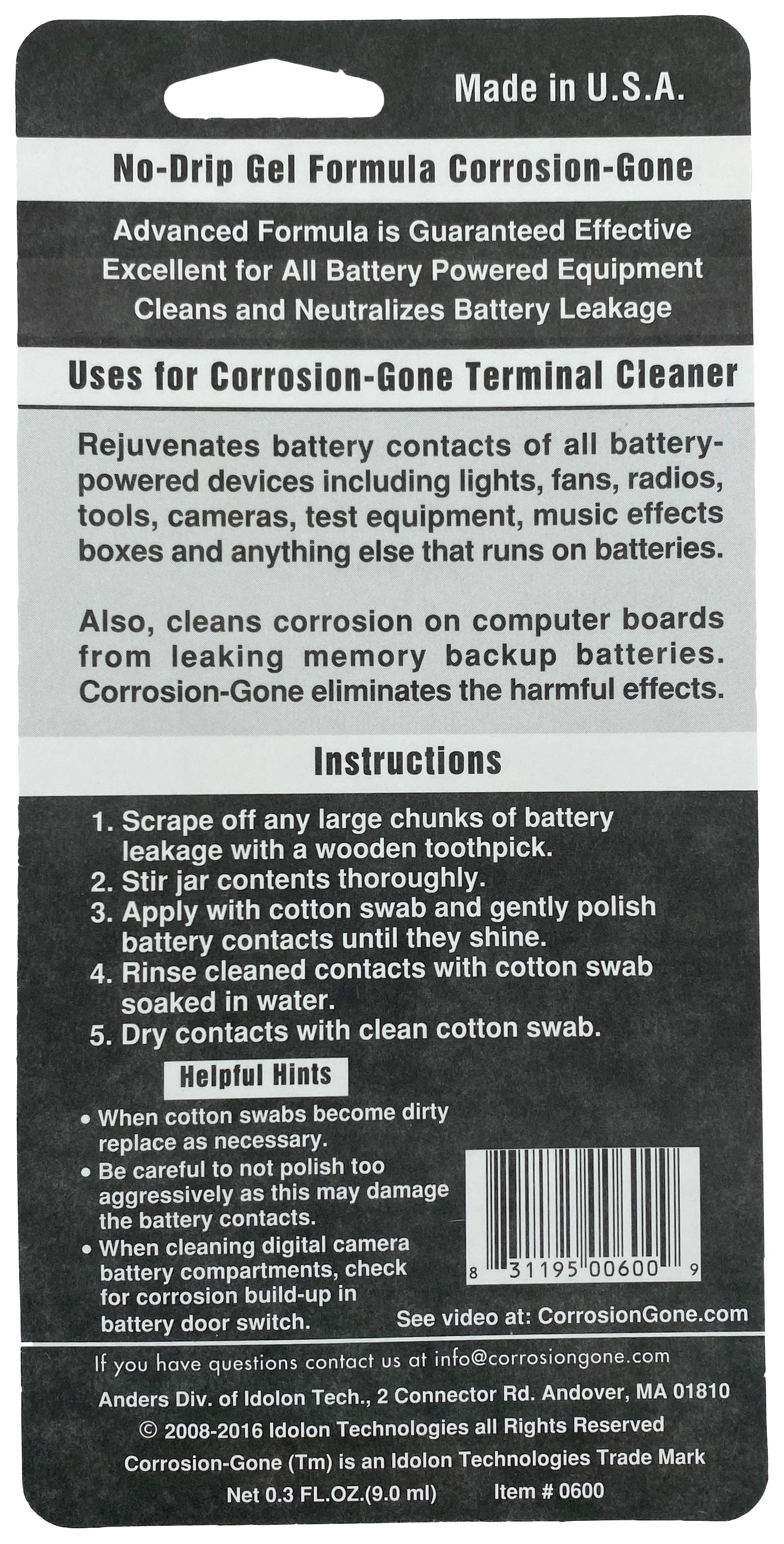 'Corrosion-Gone Terminal Cleaner' description on a black background. Instructions for applying the formula for cleaning and corrosion removal.
