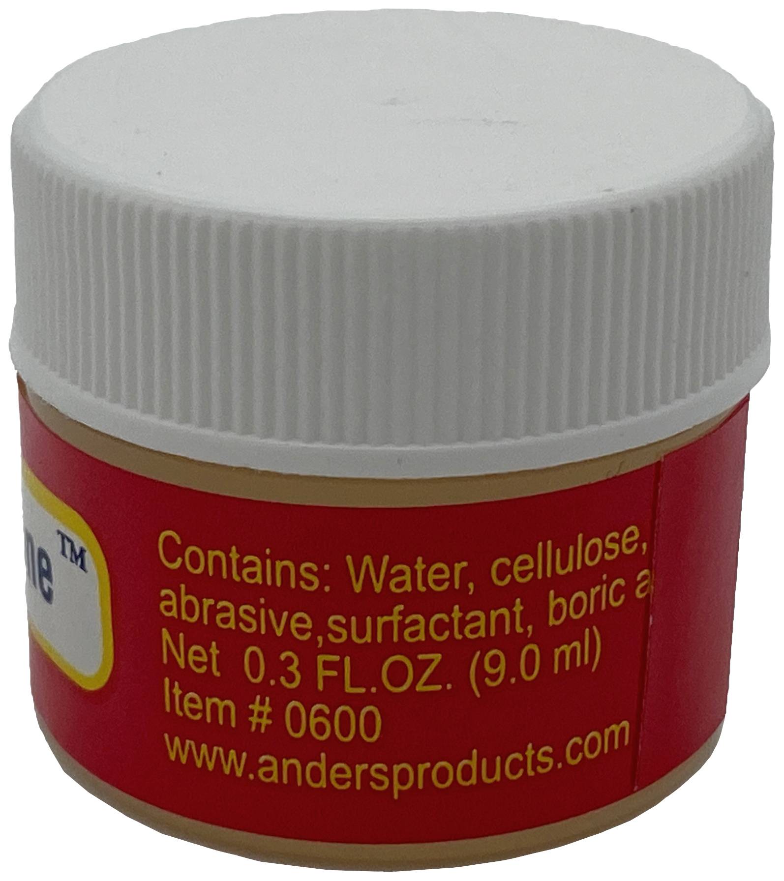 A small white plastic container with a red label shows ingredients: water, cellulose, abrasive, surfactant, boric acid. Capacity: 9 ml.