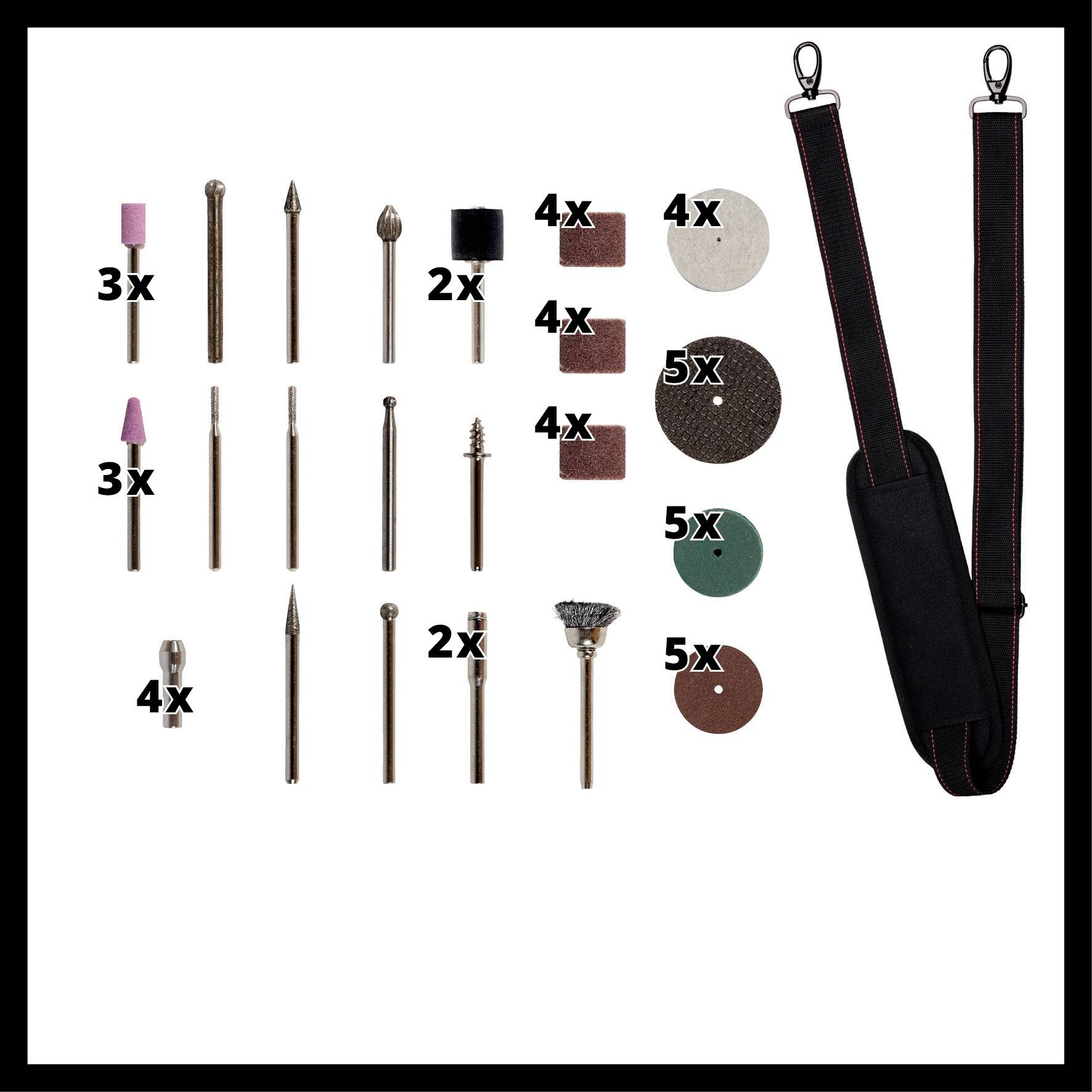 'Illustrated is a set of 24 different Dremel tools with accessories such as grinding discs and brushes, along with a carrying strap.'