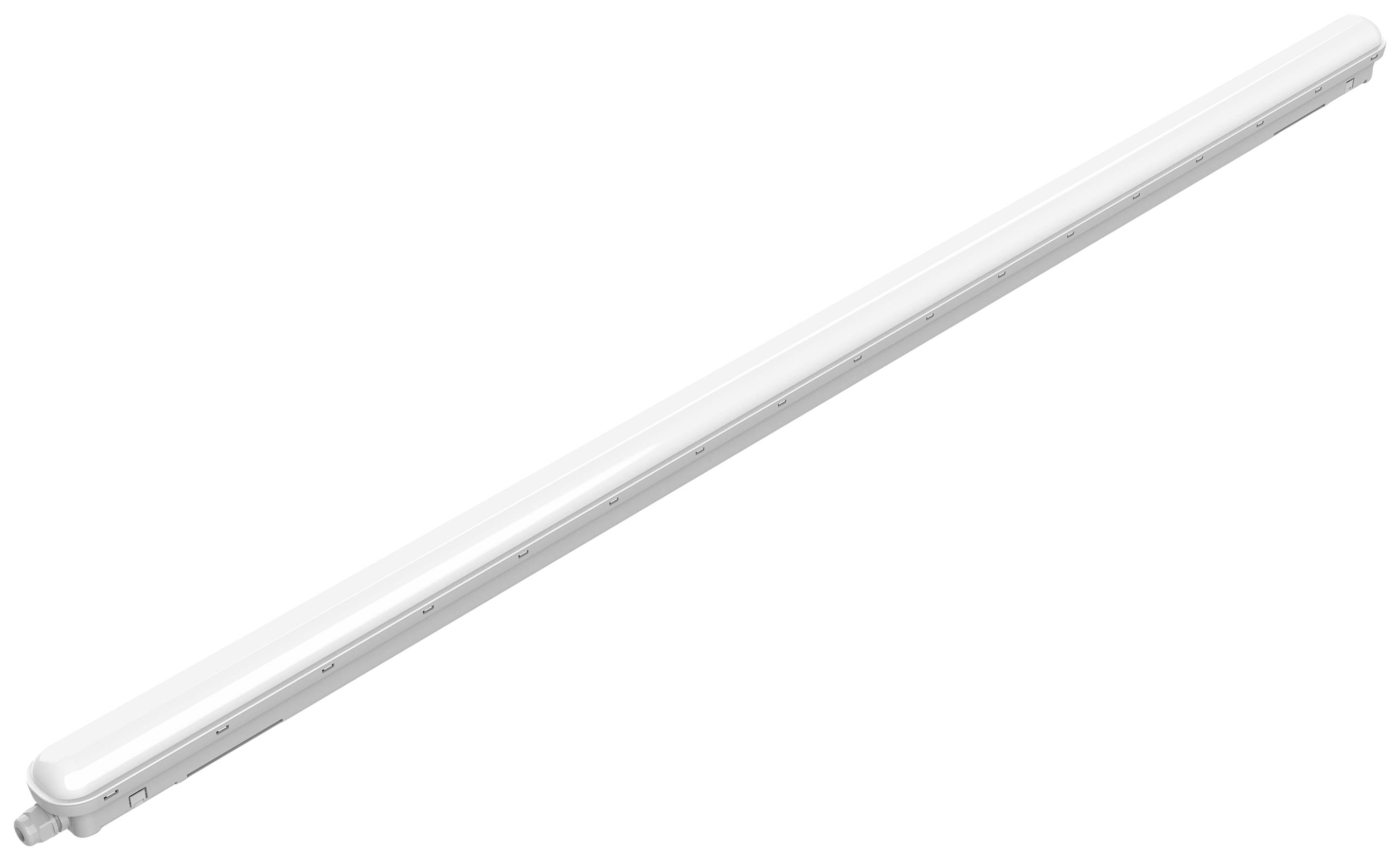 Single LED light strip, white, horizontal orientation, slim design. Suitable for indoor lighting purposes.