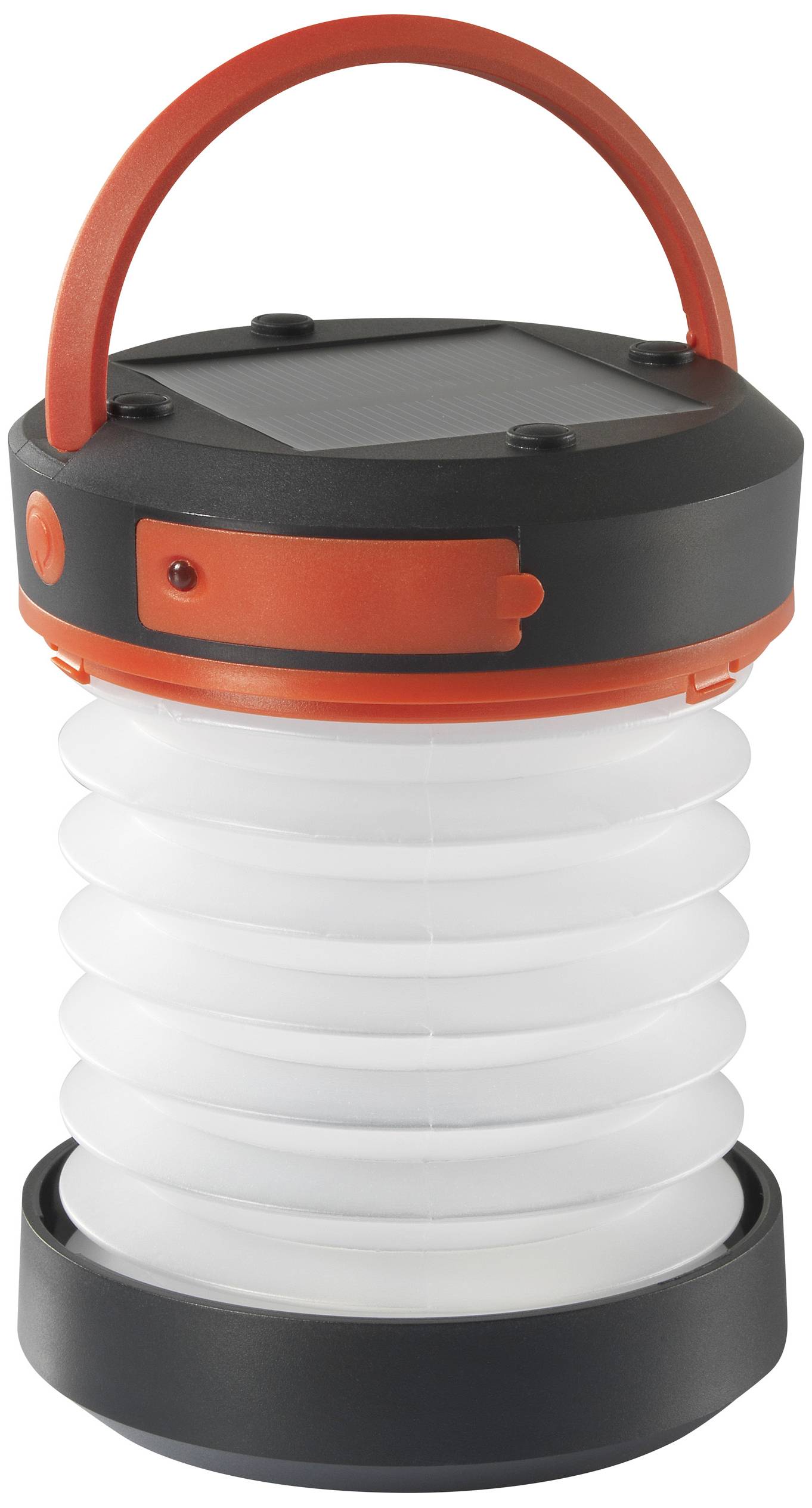 Portable, rechargeable lamp with solar panel and red carry handle, perfect for camping or emergency lighting.